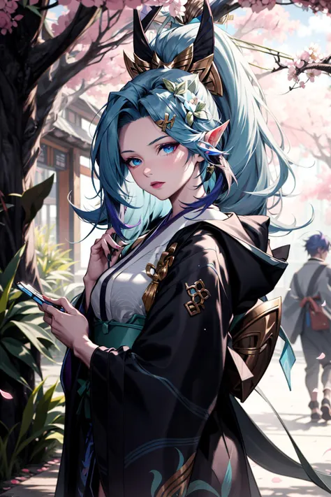 absurdres, best quality, 1girl, solo, looking at viewer, eye focus, <lyco:GoodHands-beta2:1.0>,   <lora:spirit_blossom_vayne:0.8>, spirit blossom vayne, kimono, hair ornament, blue hair