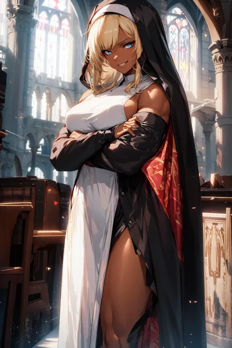 (Magical Photo:1.3) of (Realistic:1.3), (Energetic:1.3), 1girl, muscular, muscular woman, a young adult fighter woman, full body, nun habit, tight nun robe, exposed arms, covered legs, dirty hand bandages, blonde bangs, dark skin, blue eyes, bokeh, day, em...