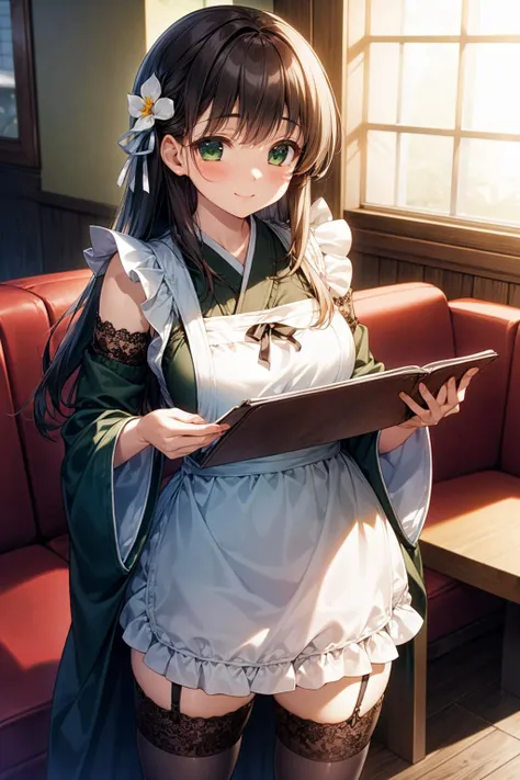 best quality, high resolution, intricate detailed, official art, beautiful artwork, game CG, 1girl, <lora:ujimatsu_chiya_1:0.7:0.4> detailed kawaii face, smile, aachiya, thick thighs, large breasts, long hair, hair flower, hair ornament, japanese clothes, ...