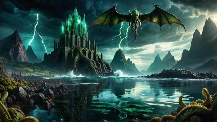 Hyperrealistic art A dark and atmospheric scene inspired by H.P. Lovecrafts "The Call of Cthulhu." In the foreground, the ancient, crumbling city of Rlyeh rises from the depths of the ocean, with its non-Euclidean architecture and impossible angles, covere...