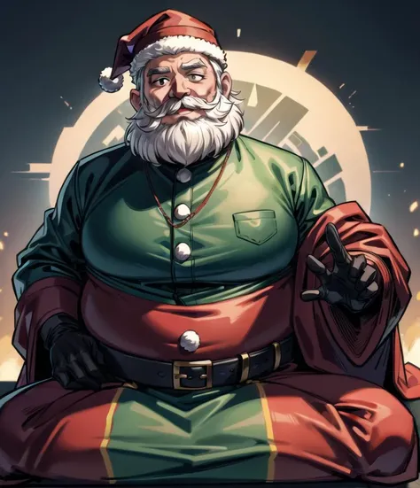 Santa Claus,1boy,facial hair,beard,hat,gloves,mustache,white hair,black gloves,belt,full body,santa hat,green headwear,long sleeves,outstretched arms,green coat,black belt,jacket,sitting,computer,fat,obese,typing,<lora:2more_details:0.6>,