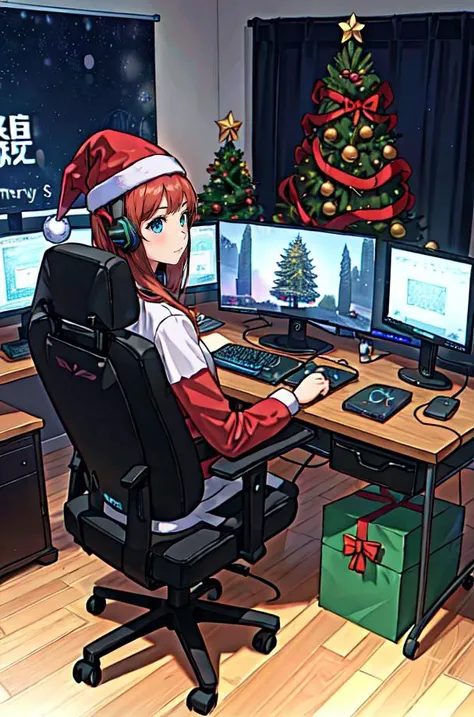 1girl, bedroom, desk, gamer chair, headset, monitor, pc, keyboard, streaming, rgb, Christmas tree