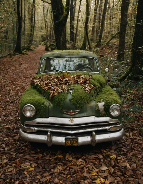 analog raw photo of a forgotten decayed 70s car in a dark forest, rust, moss, leaves, cinematic shot, 35mm, 8k, UHD, masterpiece