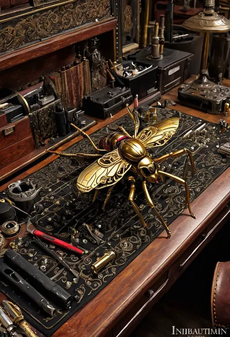 Steampunk Hornet Jeweled Metallic Black and Metallic Red With Gold Accents on a Roll Top Desk, in a Messy and Disorganized Workshop surrounded by small tools and spare parts, (More Details:2), (photorealistic:2), (intricate and beautiful:3), (highres:1.5),...