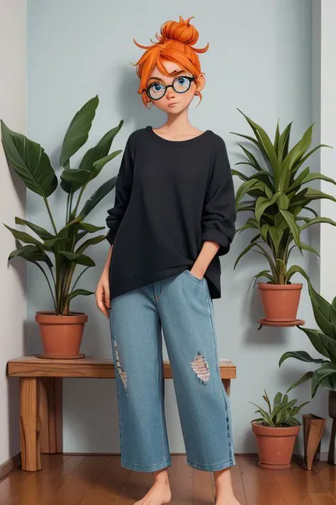 a woman wearing glasses and a black top stands in front of a plant