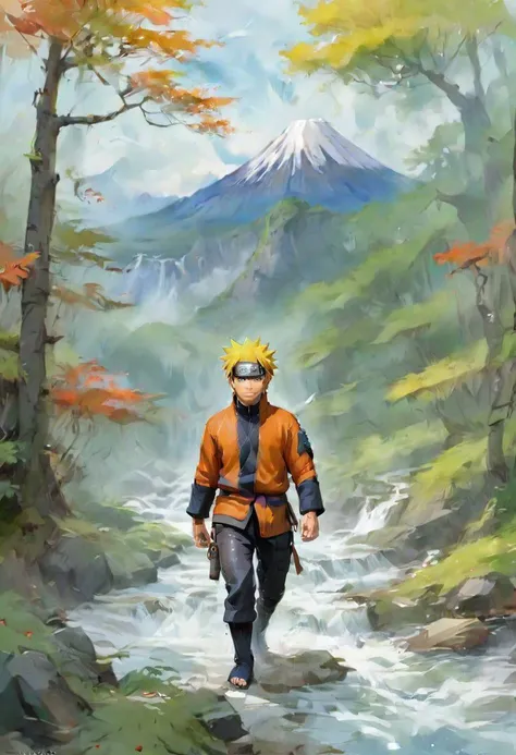 a painting of a man walking down a path in the woods