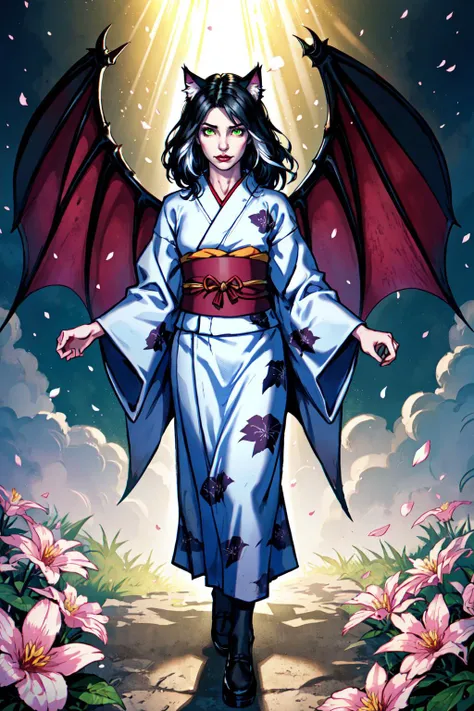 a woman in a kimono outfit with a bat and flowers