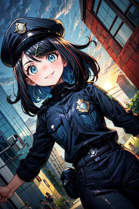 masterpiece,best quality,1girl,solo,pokemonliko,hairclip,multicolored hair,black hair,blue hair,blue eyes,police,police uniform,police hat,smile,outdoors,<lora:Concept-control tool-add_detail-CyberAIchemist:0.8>,<lora:pokemon_liko:0.9>,