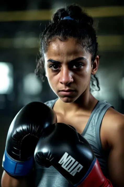 photograph close up portrait of young egyptian Female boxer training,looking serious at viewer, cinematic 4k epic detailed photograph, shot on kodak, dark moody
 <lora:faces_v3:0.8>