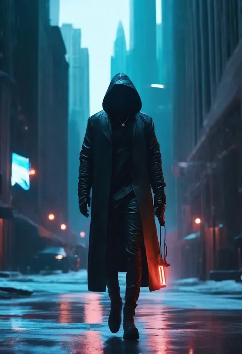 "cinematic still, medium shot on ARRI Alexa 35, a lone hooded figure using chaos magic, low-key color grading, hyper-realistic pop, cyberpunk, Chicago 2087