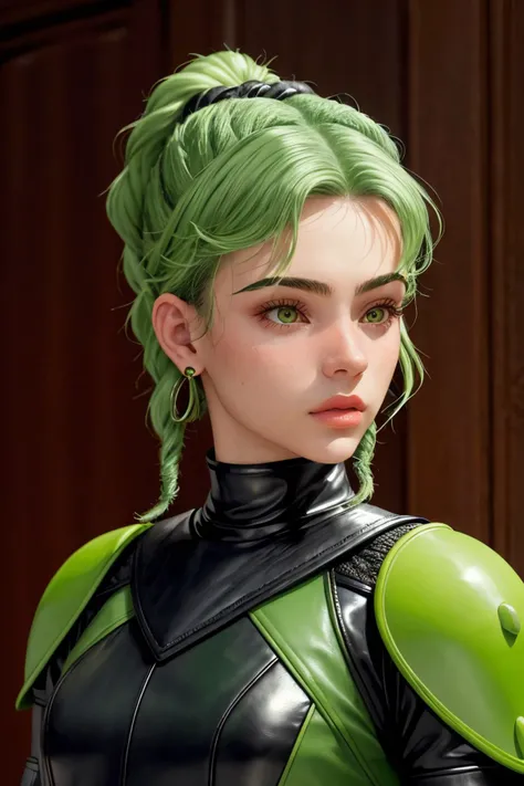 (style of Thornton Oakley:1.15), headshot of <lora:sd15_DoaEvren_locon_24_v1-000025:.9> DoaEvren, focus on face, wearing leather armor , her light light green hair is styled as dutch braided bangs,