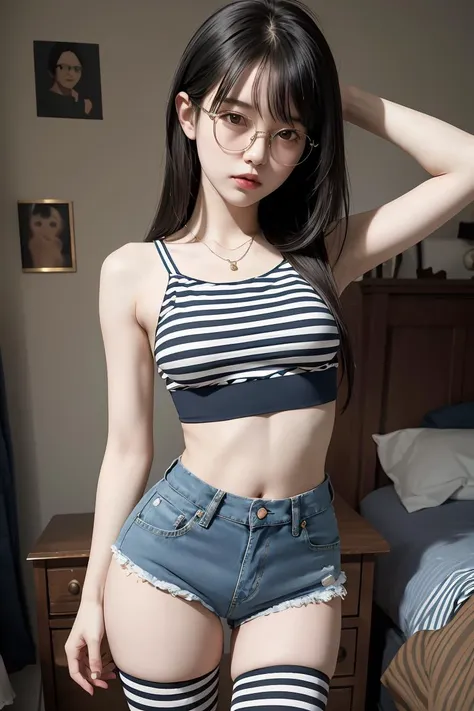 (masterpiece, best quality), 1girl, small breasts, small hips, crop top, denim shorts, bedroom, striped thighhighs, pervert, petite, glasses,