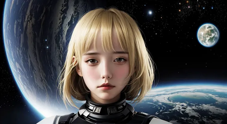 a girl,empty eyes,insane,blonde,shiny_skin,lonely,dazed,staring,
galaxy,universe,black_hole,planetes,macro_shot,huge filesize,