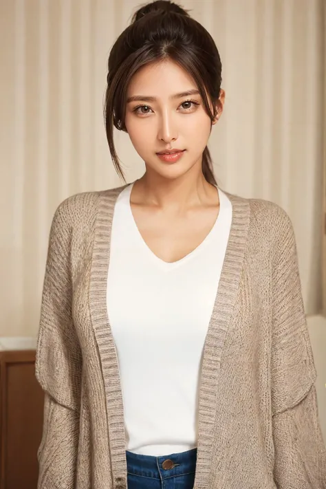 a woman in a white shirt and a brown cardigan sweater