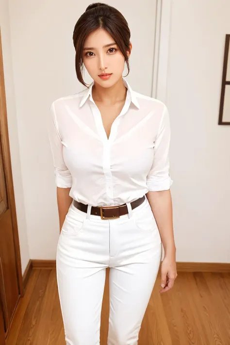 a close up of a woman in white pants and a white shirt