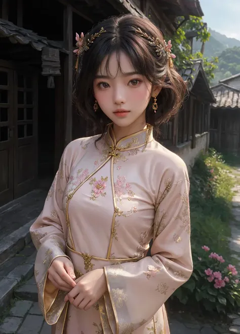 Cute beautiful girl, standing in an old village,  wearing pink cheongsam, hair ornament, light makeup, (detailed face, perfect face, perfect eyes, realistic eyes, expressive eyes), looking at viewer, outdoors, (masterpiece), ((ultra-detailed)), (highly det...