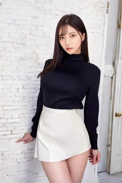 1girl, rinhachimitsu_jav, breasts, long hair, black hair, brown hair, brown eyes, bangs, <lora:JAV_rin_hachimitsu_v1_epoch_10:0.8>
looking at viewer, shot using canon DSLR,  standing, cowboy shot, turtleneck shirt, skirt, highwaist,
detailed body, attracti...