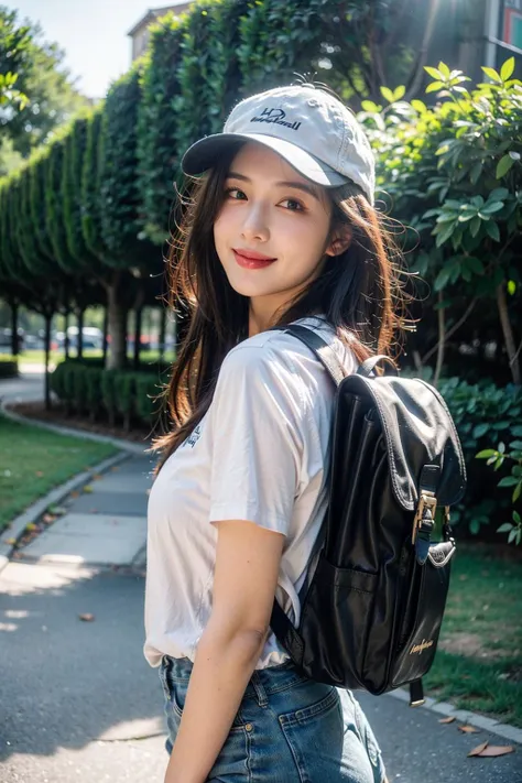 a woman wearing a hat and a backpack standing on a sidewalk