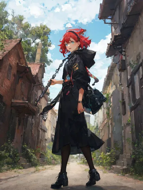 anime girl with red hair and black dress walking down a street