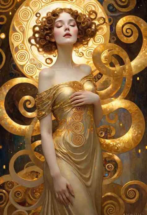 An ethereal woman gracefully adorned with glowing golden spirals, resembling a painting by Gustav Klimt in this poster design.