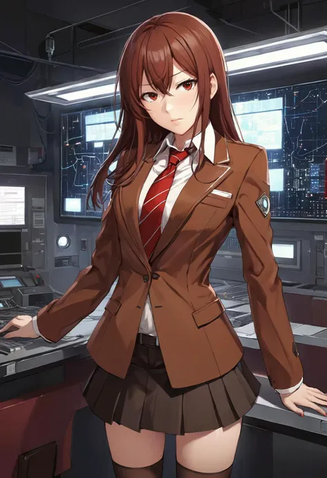 Anime illustration, Kurisu Makise, brown jacket, red tie, ecchi, scifi, quantum entanglement, 8k, masterpiece, highly detailed