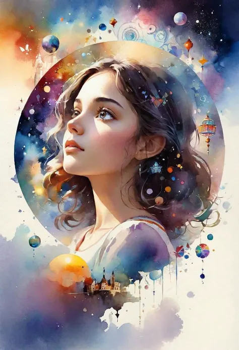 Surrealistic poster design, capturing the essence of Thomas W Schaller through a dreamlike scene where a lovely girl is immersed in a kaleidoscope of colorful and otherworldly elements.