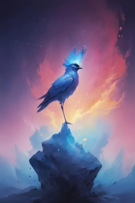 minimalist style, flawless, clean, masterpiece, professional artwork, famous artwork, cinematic lighting, cinematic bloom, background focus,  colorful splashes in the shape of a bird, painted world,(((elegiac aura))),  (surreal environment:1.3), no charact...