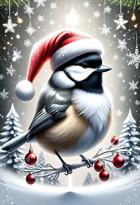 black capped chickadee, christmas tree, santa hat, FrostedStyle, symmetry, printed as a greeting card