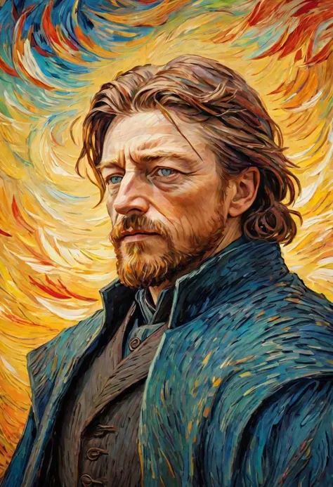 Vivid portrait of Eddard Stark, by Vincent Van Gogh, Summer has passed, Winter has come, vibrant colors, textured and layered paint, swirling brushwork, radiating warmth, 8k, masterpiece, insane detailed, supreme quality, aesthetic composition, hdr