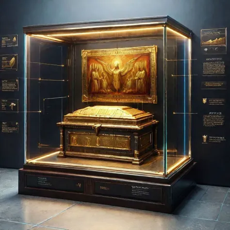 a close up of a display case with a gold casket