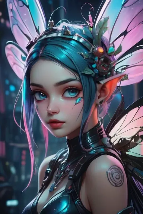 photography of a cute and creepy fairy, perfect face, intricate details, realism, colorful cyberpunk