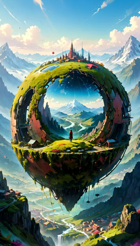 Prompt:
a decayed big round sphere with a city inside, floating over breathtaking mountainous landscape, rust, moss flowers, vines, Digital illustration, very vibrant colors, soft lighting, adventurous, atmospheric lighting, 8K, octane render, By Makoto Sh...