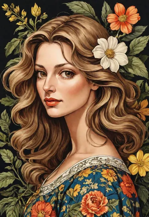 Modern interpretation of a Maria Sybilla Merian drwwing of a beautiful woman, in her mid thirties, dark blond hair, hazel eyes, she is sensitive and surprisingly witty,  Flora