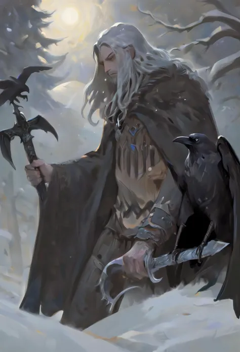 Odin, the Norse god, A small black raven with detailed feathers, polearm, grey hair. (Oil painting:1.05)