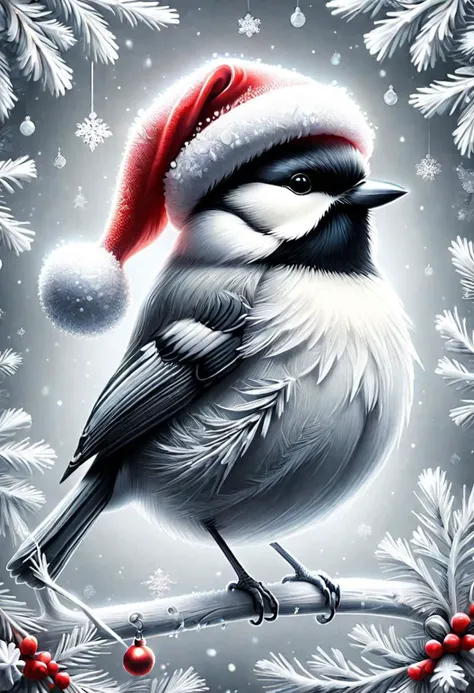 black capped chickadee, christmas tree, santa hat, FrostedStyle, symmetry