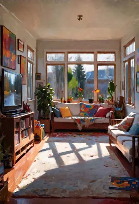 painting of a living room with a couch