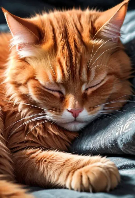 hyperrealistic photograph of a red cat sleeping, he looks cute and fuzzy but can be a pain in the ass, perfect fur, intricate details, highly detailed