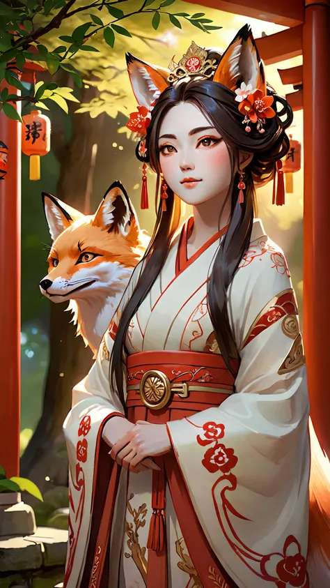 Elegant and cunning fox woman Empress. masterpiece, best quality, Inari Shrine, half smile, beautifully decorated with intricate details, inspired by Ross Tran, minimalistic, soft lighting, warm tones, depth of field effect, light and shadow spilling throu...