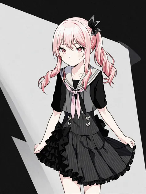 masterpiece, best quality, akiyama mizuki, black serafuku, two-tone neckerchief, striped dress, frilled skirt, full body, short ...