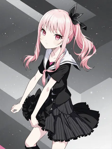 masterpiece, best quality, akiyama mizuki, black serafuku, two-tone neckerchief, striped dress, frilled skirt, pink hair, pink e...