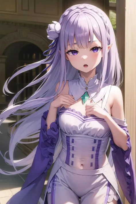 rezeroemilia, <lyco:rezeroemilia-lyco-nochekaiser:1>, 
emilia, braid, crown braid, flower, hair flower, hair ornament, hair ribbon, long hair, low-tied long hair, (purple eyes:1.2), pointy ears, white flower, x hair ornament, <lora:nikkori_v200:1>, open mo...