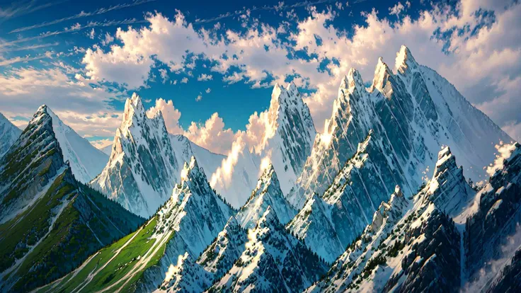 mountains with snow on them and a blue sky with clouds