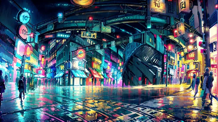 city street, neon signs, wate puddles, night,  <lora:YuumeiArtV2:1>