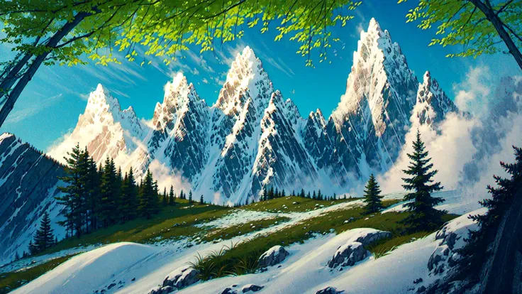 painting of a mountain scene with a snow covered slope and trees