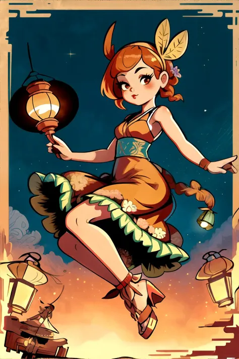 a cartoon girl flying through the air with a lantern in her hand