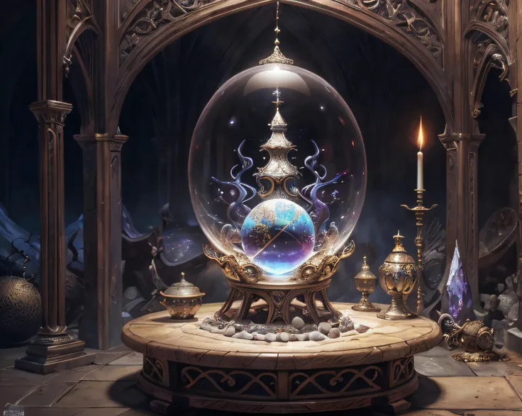 ethereal fantasy concept art of  A crystal ball resting on an ornate stand, filled with swirling mist and arcane symbols, set on a table cluttered with spellbooks and potions in a wizards study. Enhanced details,extremely detailed,very realistic,photograph...