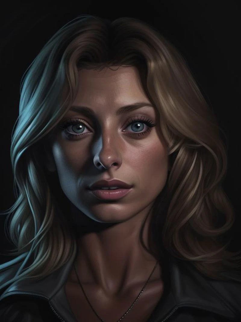 [Aly Michalka|Farrah Fawcett] , alone in the dark style , 
extremely detailed, digital portrait,