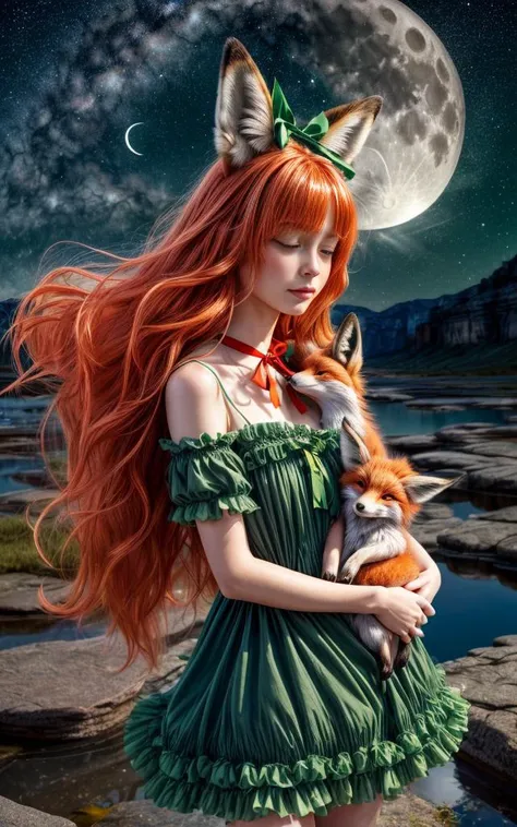 The (girl with fox ears) in a ((green frilly dress) with (red ribbons)), she carries a ((small fox)) in her arms, her (long orange hair) flowing in the wind, standing on transluscent (blue rocks),  the (small fox) is sleeping, silvery water pond, under the...