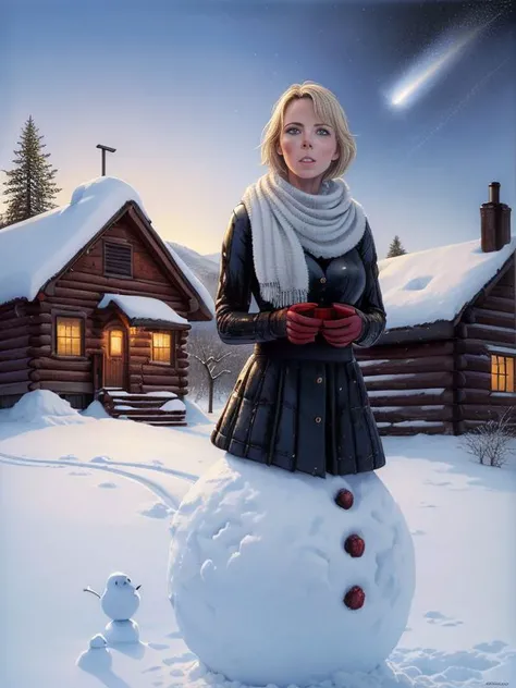 (Vivacious Photo:1.3) of (Ultrarealistic:1.3) 3/4 shot, medium shot portrait, charlize theron, outdoors, snow, snowman, cabin in distance,,(by Artist Peter Elson:1.3),Highly Detailed,(Abstract Illusionism:1.3)