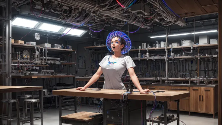 arafed woman standing in a lab with a large table and many wires